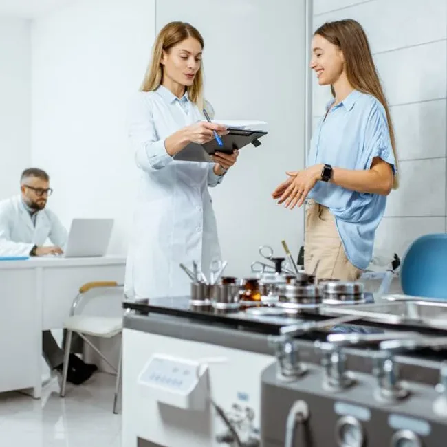 Scientists in a clean lab space